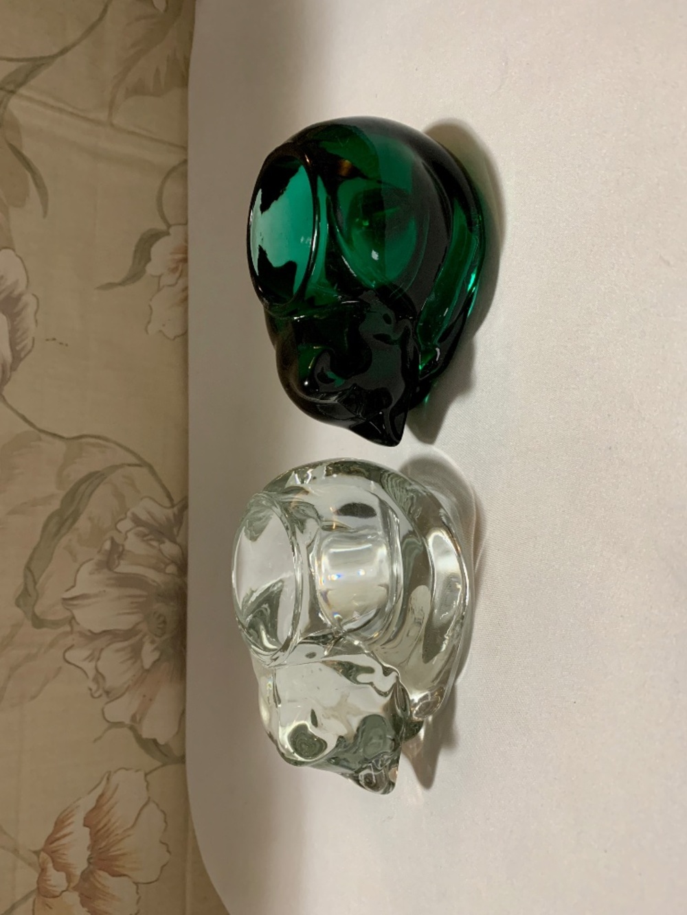 Two (2) Indiana Glass Sleeping Cat Candle Holders One (1) Clear, One (1) Green